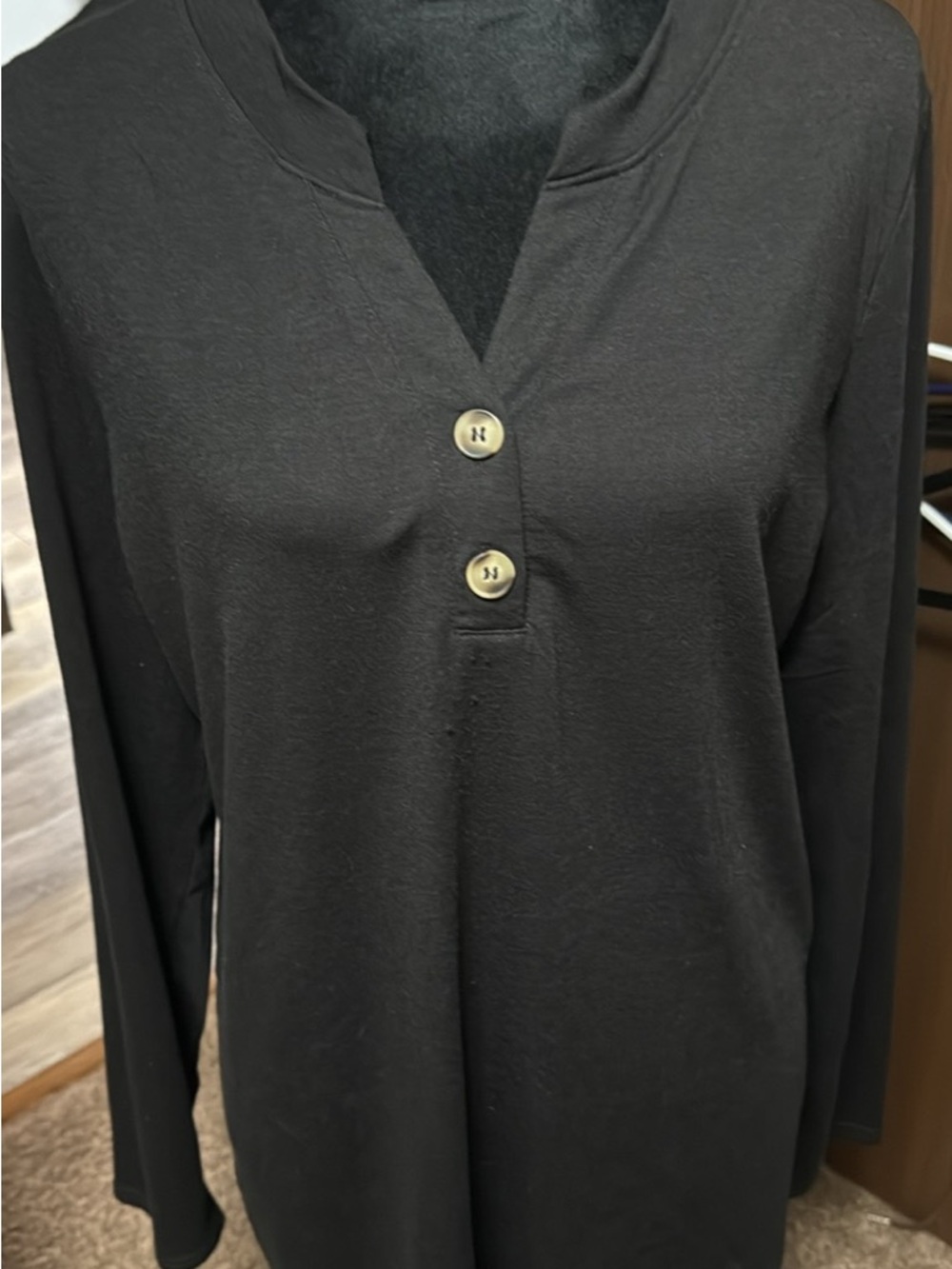 Black Long-Sleeve Henley Top with Button Placket